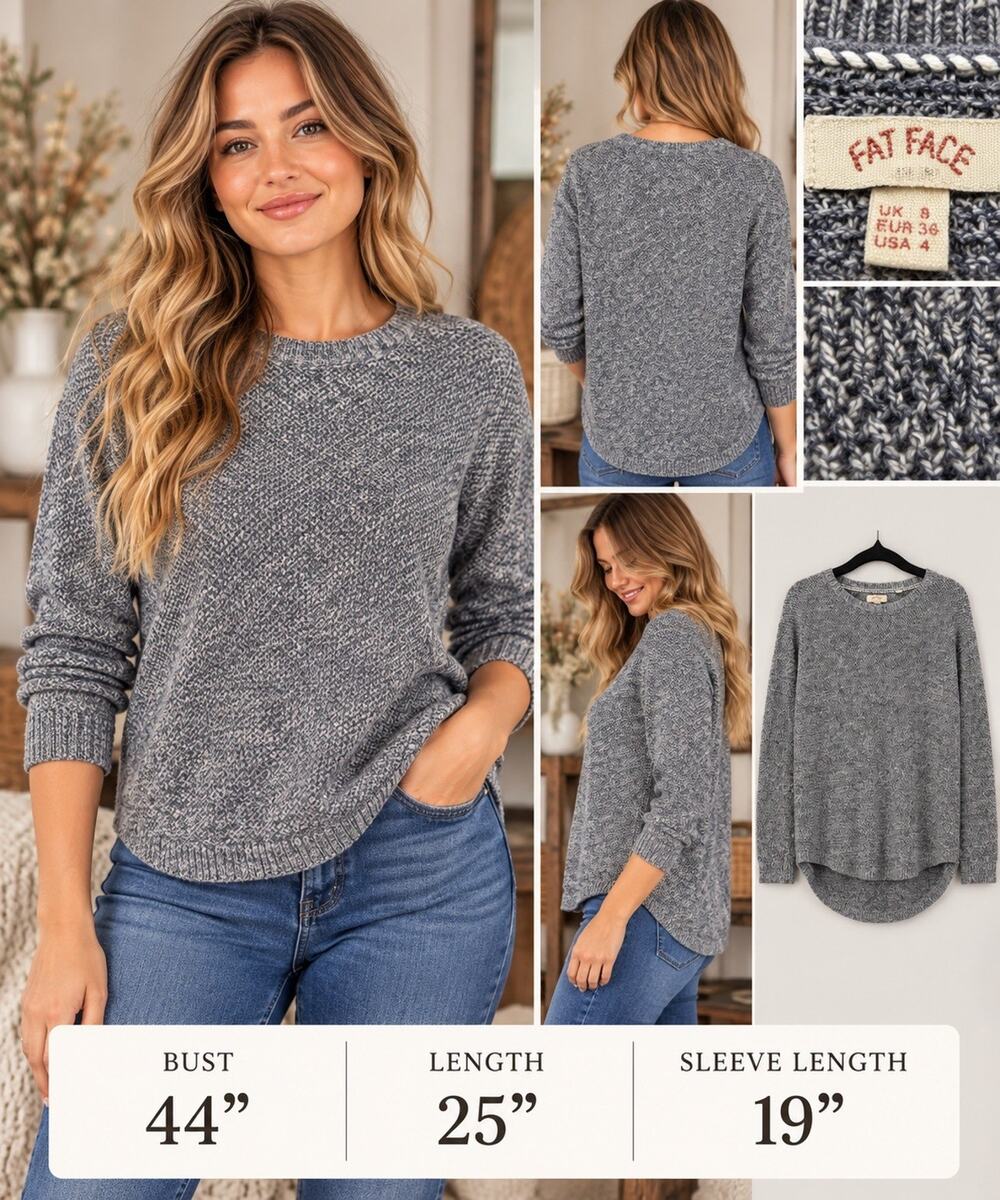 Fat Face Womens Size 4 Gray Marled Knit Crewneck Sweater Long Sleeve Coastal